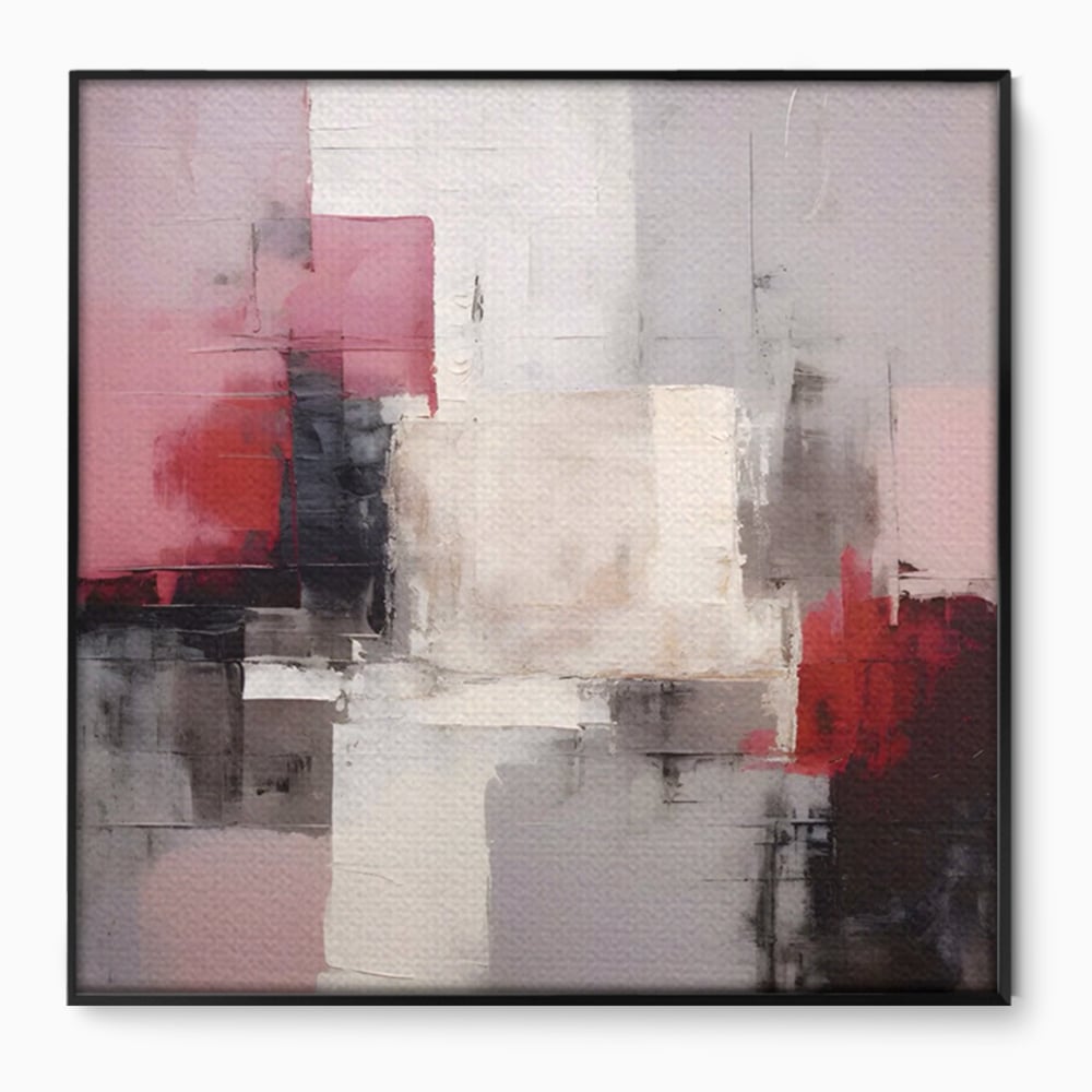 Tablou canvas cu pictura abstracta cu blocuri rosii si negre, in rama de aluminiu negru